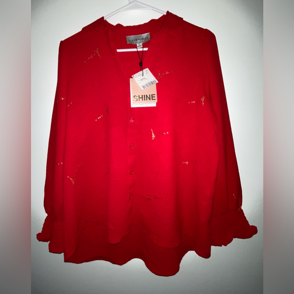 NWT ALEX & PARKER red blouse shirt gold Eiffel Tower love Size women’s S elegant